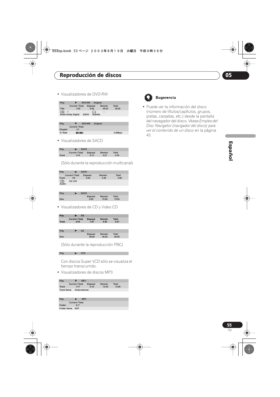 Reproducción de discos 05, Español, En la página 43 | Pioneer DV-668AV-S User Manual | Page 151 / 200