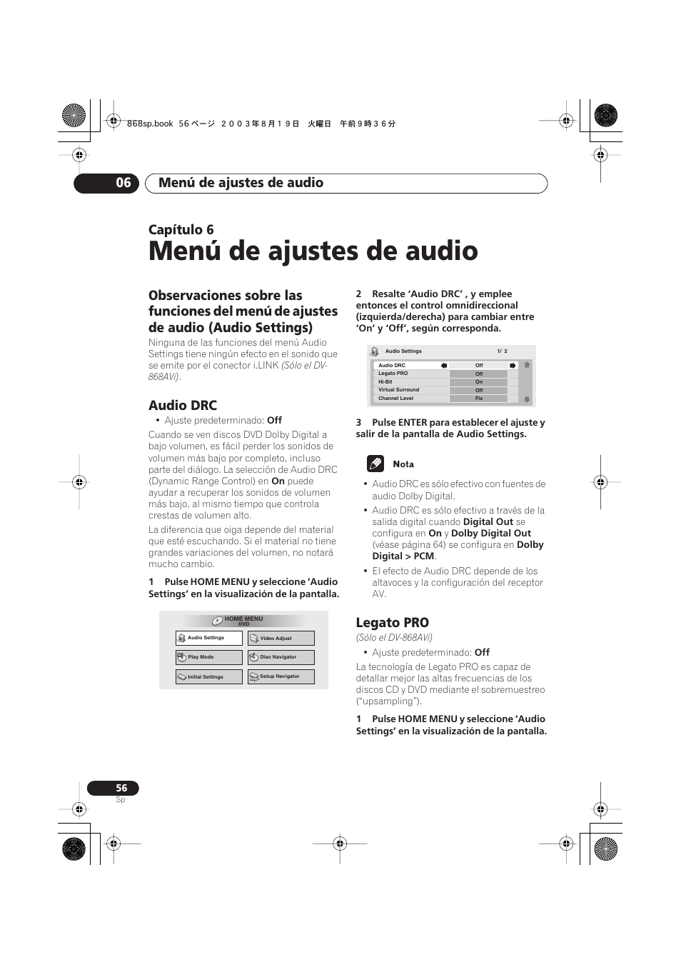 06 menú de ajustes de audio, Audio drc, Legato pro | Menú de ajustes de audio, Menú de ajustes de audio 06, Capítulo 6 | Pioneer DV-668AV-S User Manual | Page 152 / 200