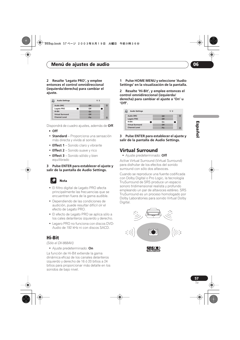Hi-bit, Virtual surround, Menú de ajustes de audio 06 | Español | Pioneer DV-668AV-S User Manual | Page 153 / 200