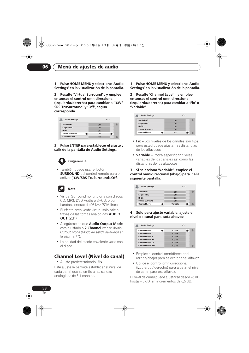 Channel level (nivel de canal), Menú de ajustes de audio 06 | Pioneer DV-668AV-S User Manual | Page 154 / 200