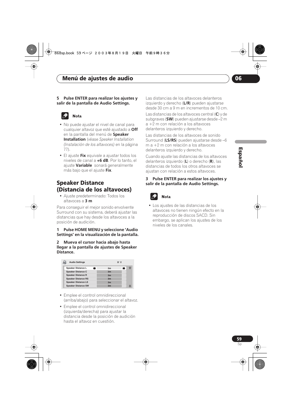 Speaker distance (distancia de los altavoces), Menú de ajustes de audio 06 | Pioneer DV-668AV-S User Manual | Page 155 / 200