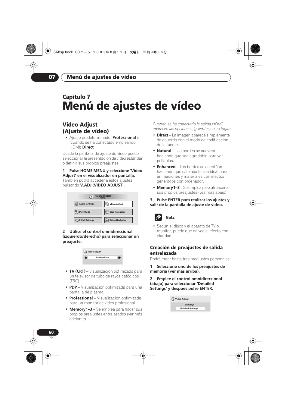 07 menú de ajustes de vídeo, Video adjust (ajuste de vídeo), Creación de preajustes de salida entrelazada | Menú de ajustes de vídeo, Menú de ajustes de vídeo 07, Capítulo 7 | Pioneer DV-668AV-S User Manual | Page 156 / 200