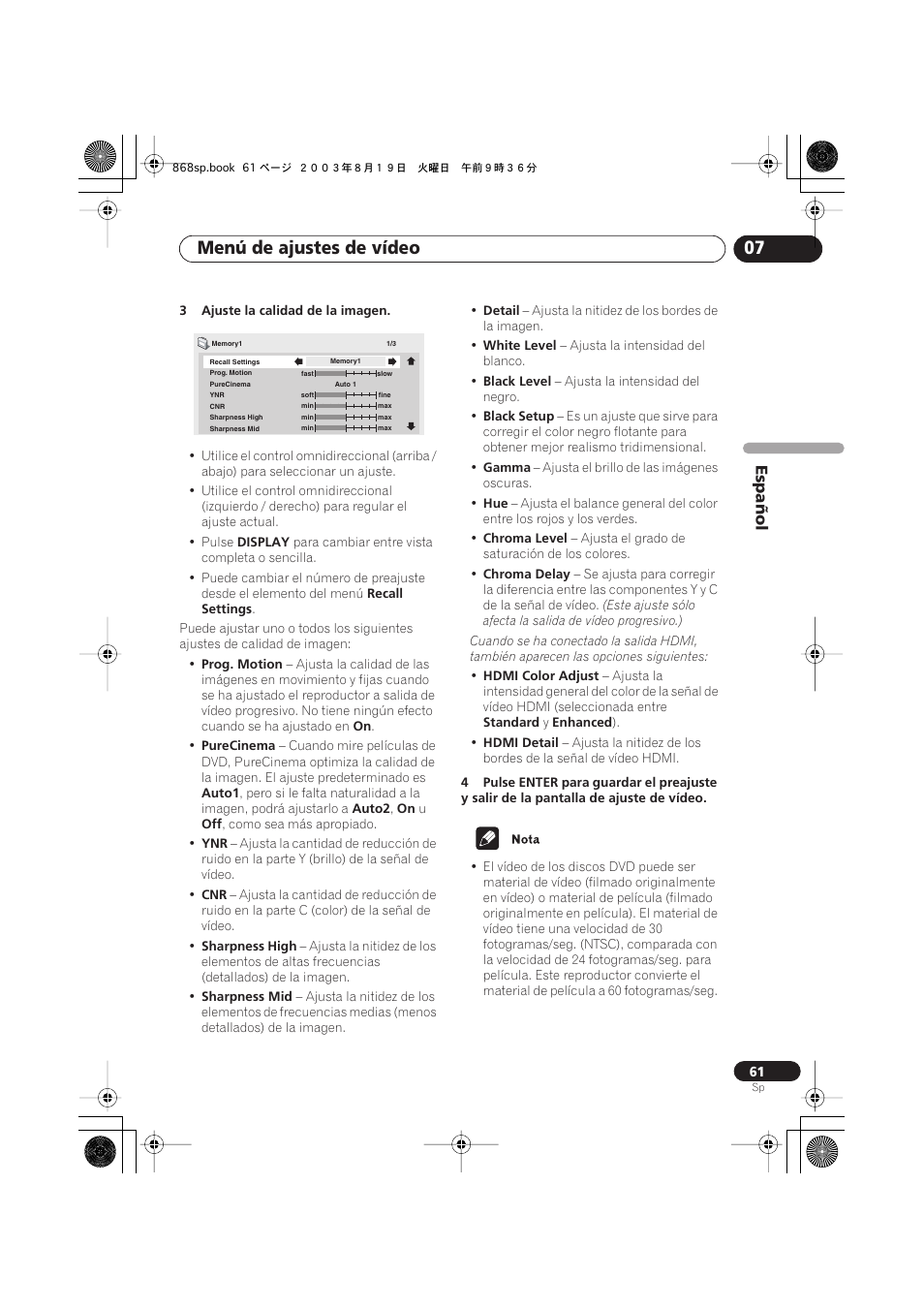 Menú de ajustes de vídeo 07 | Pioneer DV-668AV-S User Manual | Page 157 / 200