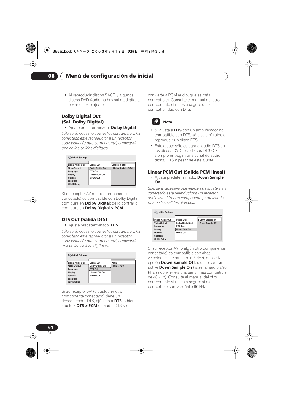 Dolby digital out (sal. dolby digital), Dts out (salida dts), Linear pcm out (salida pcm lineal) | Menú de configuración de inicial 08 | Pioneer DV-668AV-S User Manual | Page 160 / 200