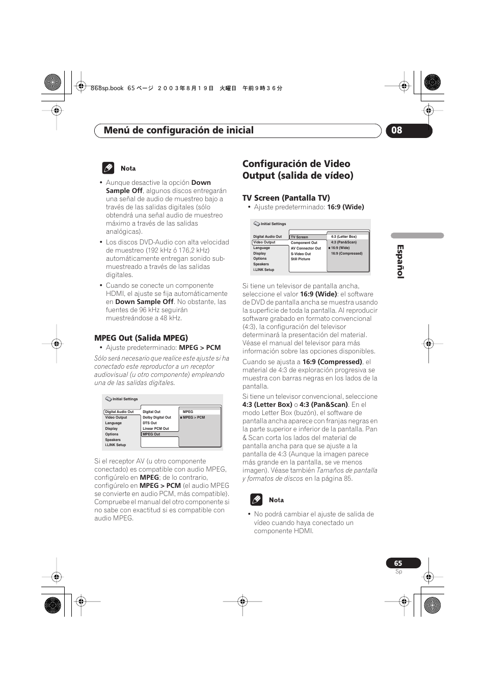 Mpeg out (salida mpeg), Configuración de video output (salida de vídeo), Tv screen (pantalla tv) | Menú de configuración de inicial 08, Español | Pioneer DV-668AV-S User Manual | Page 161 / 200