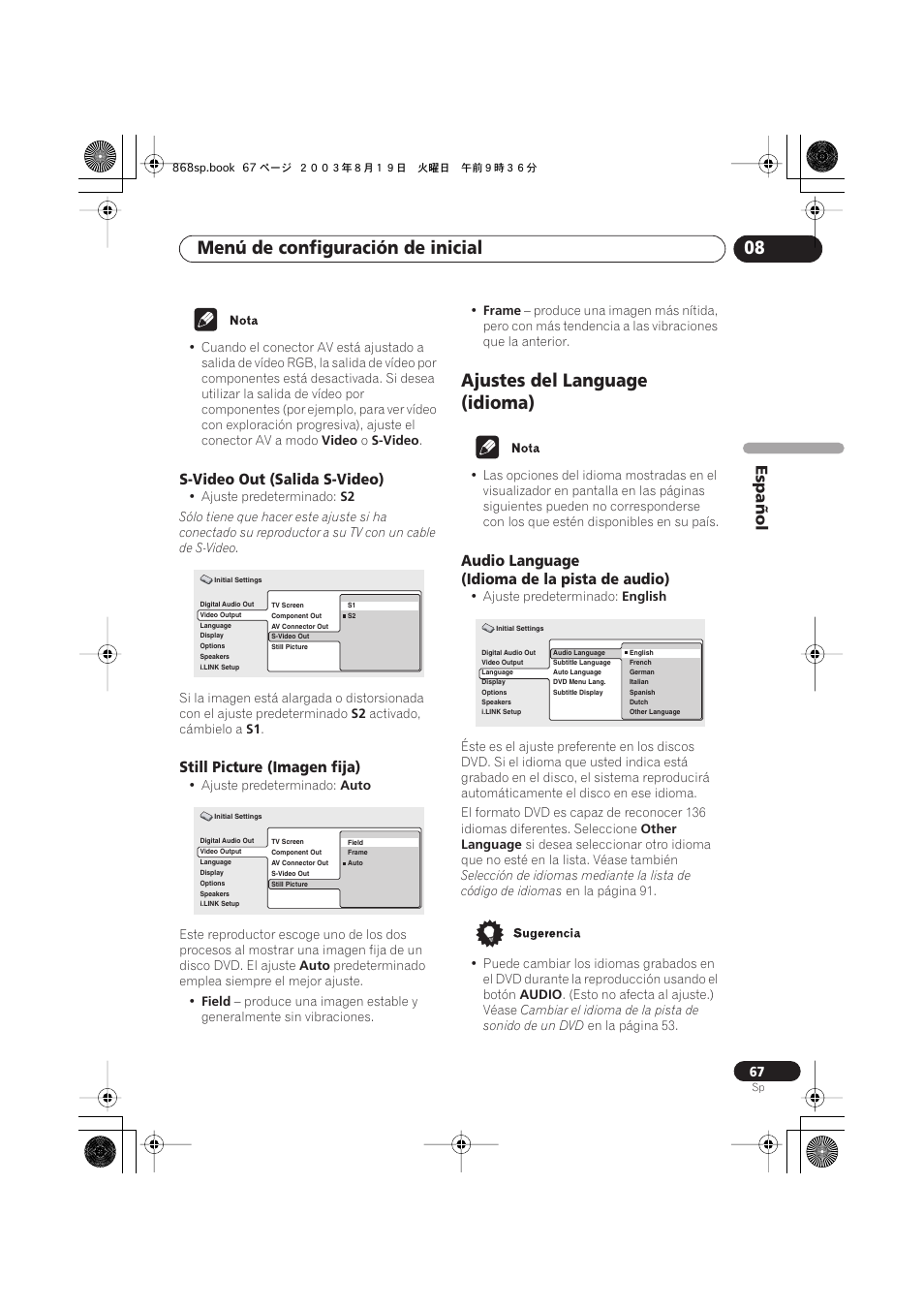 S-video out (salida s-video), Still picture (imagen fija), Ajustes del language (idioma) | Audio language (idioma de la pista de audio), Menú de configuración de inicial 08, Español | Pioneer DV-668AV-S User Manual | Page 163 / 200