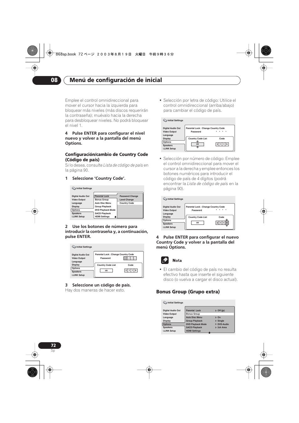 Bonus group (grupo extra), Menú de configuración de inicial 08, Si lo desea, consulte | Lista de código de país, En la página 90, En la página 90) | Pioneer DV-668AV-S User Manual | Page 168 / 200