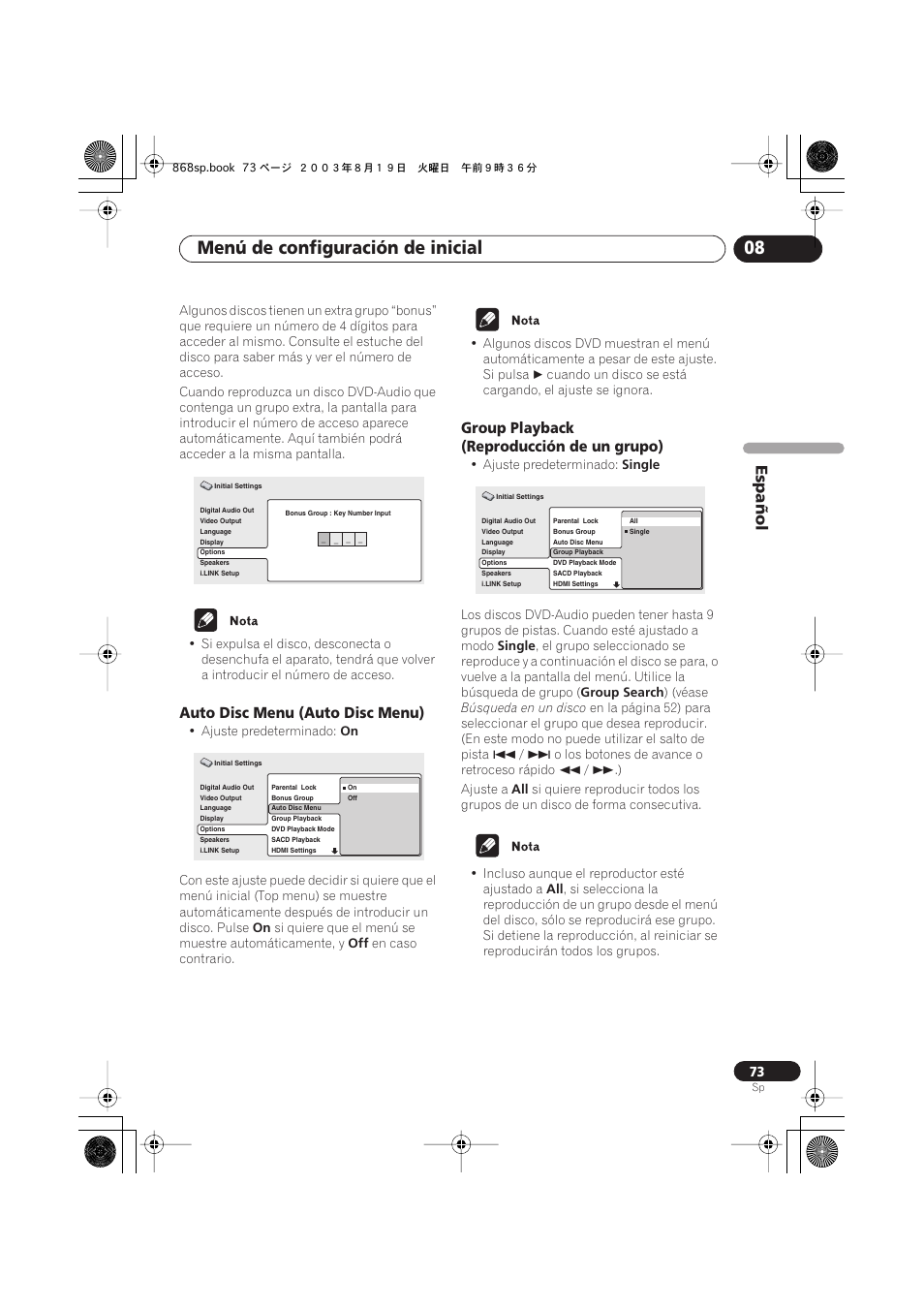 Auto disc menu (auto disc menu), Group playback (reproducción de un grupo), Menú de configuración de inicial 08 | Español | Pioneer DV-668AV-S User Manual | Page 169 / 200