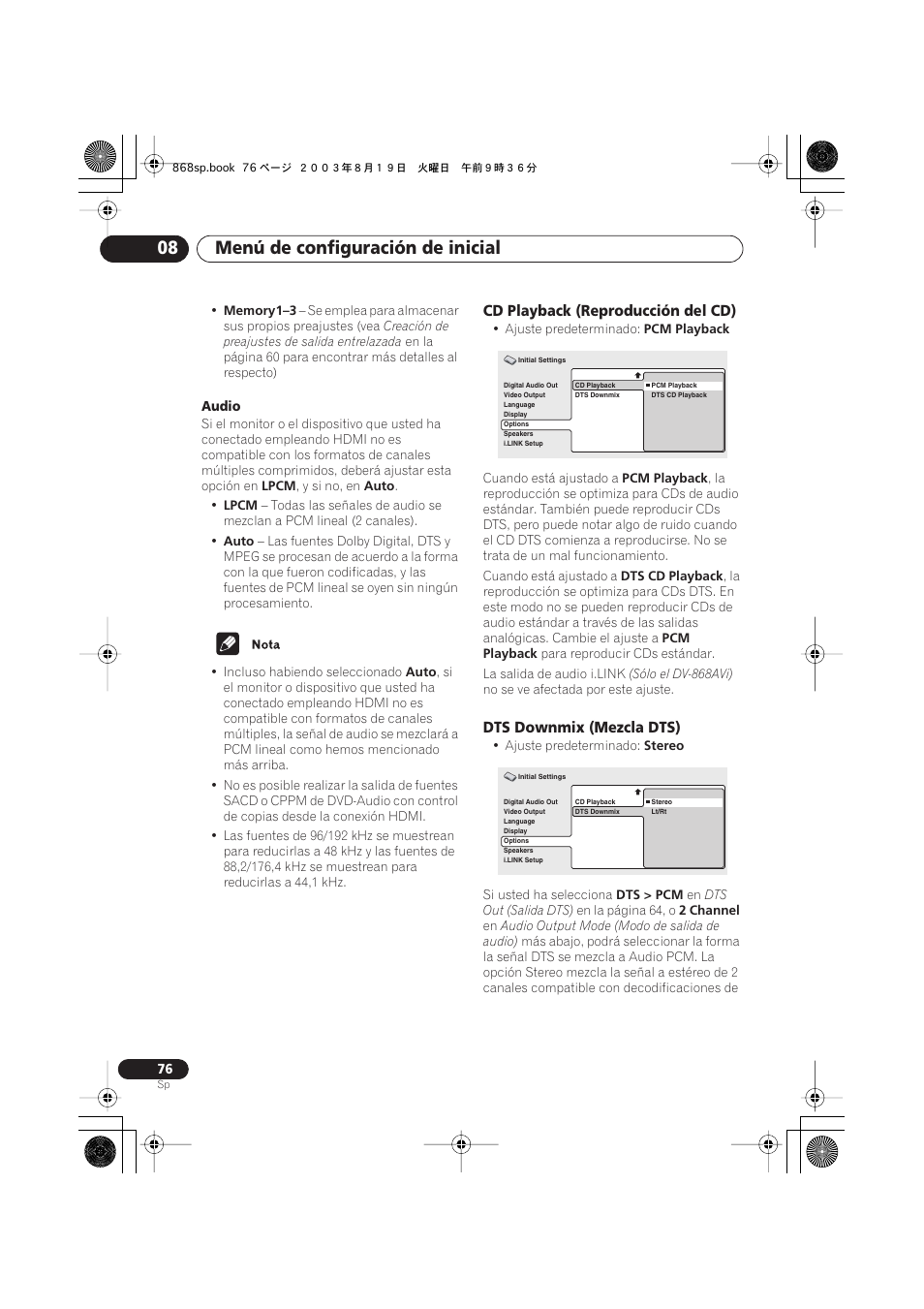 Cd playback (reproducción del cd), Dts downmix (mezcla dts), Menú de configuración de inicial 08 | Pioneer DV-668AV-S User Manual | Page 172 / 200