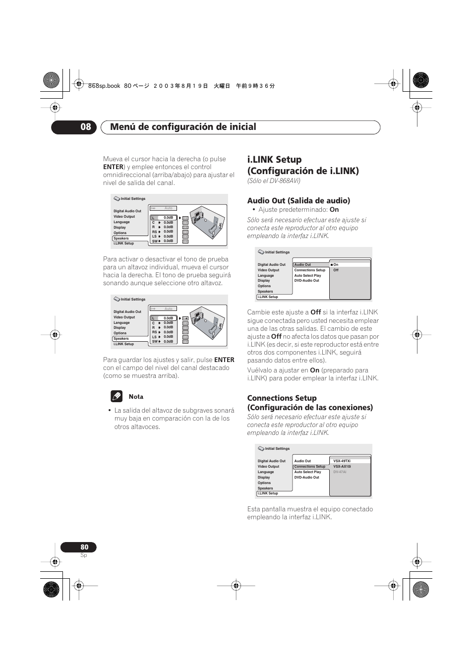 I.link setup (configuración de i.link), Audio out (salida de audio), Menú de configuración de inicial 08 | Pioneer DV-668AV-S User Manual | Page 176 / 200