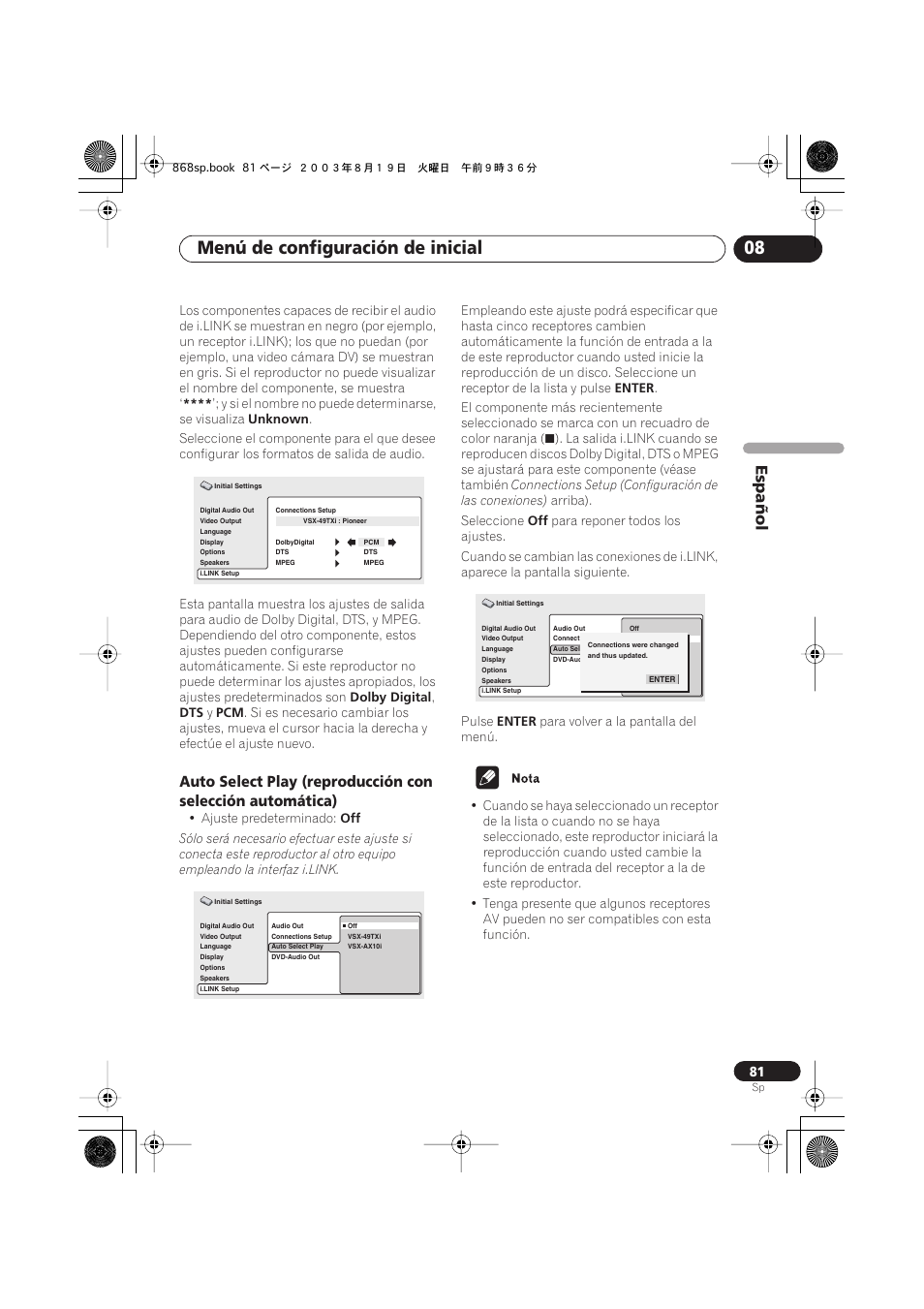 Menú de configuración de inicial 08, Español | Pioneer DV-668AV-S User Manual | Page 177 / 200