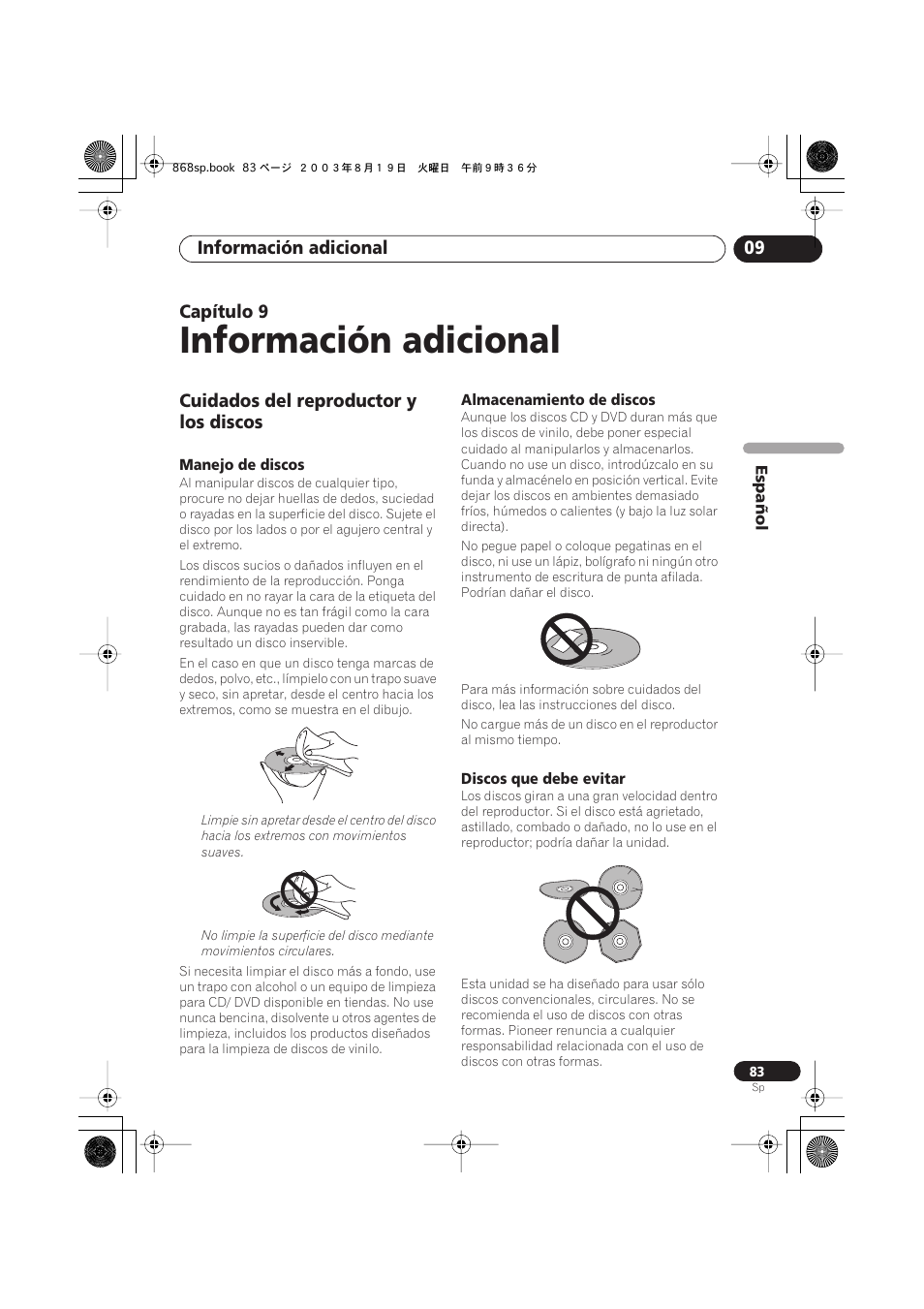09 información adicional, Cuidados del reproductor y los discos, Manejo de discos | Almacenamiento de discos, Discos que debe evitar, Información adicional | Pioneer DV-668AV-S User Manual | Page 179 / 200