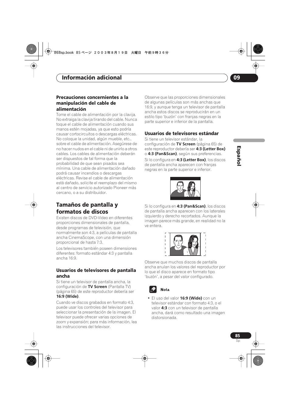 Tamaños de pantalla y formatos de discos, Usuarios de televisores de pantalla ancha, Usuarios de televisores estándar | Información adicional 09 | Pioneer DV-668AV-S User Manual | Page 181 / 200