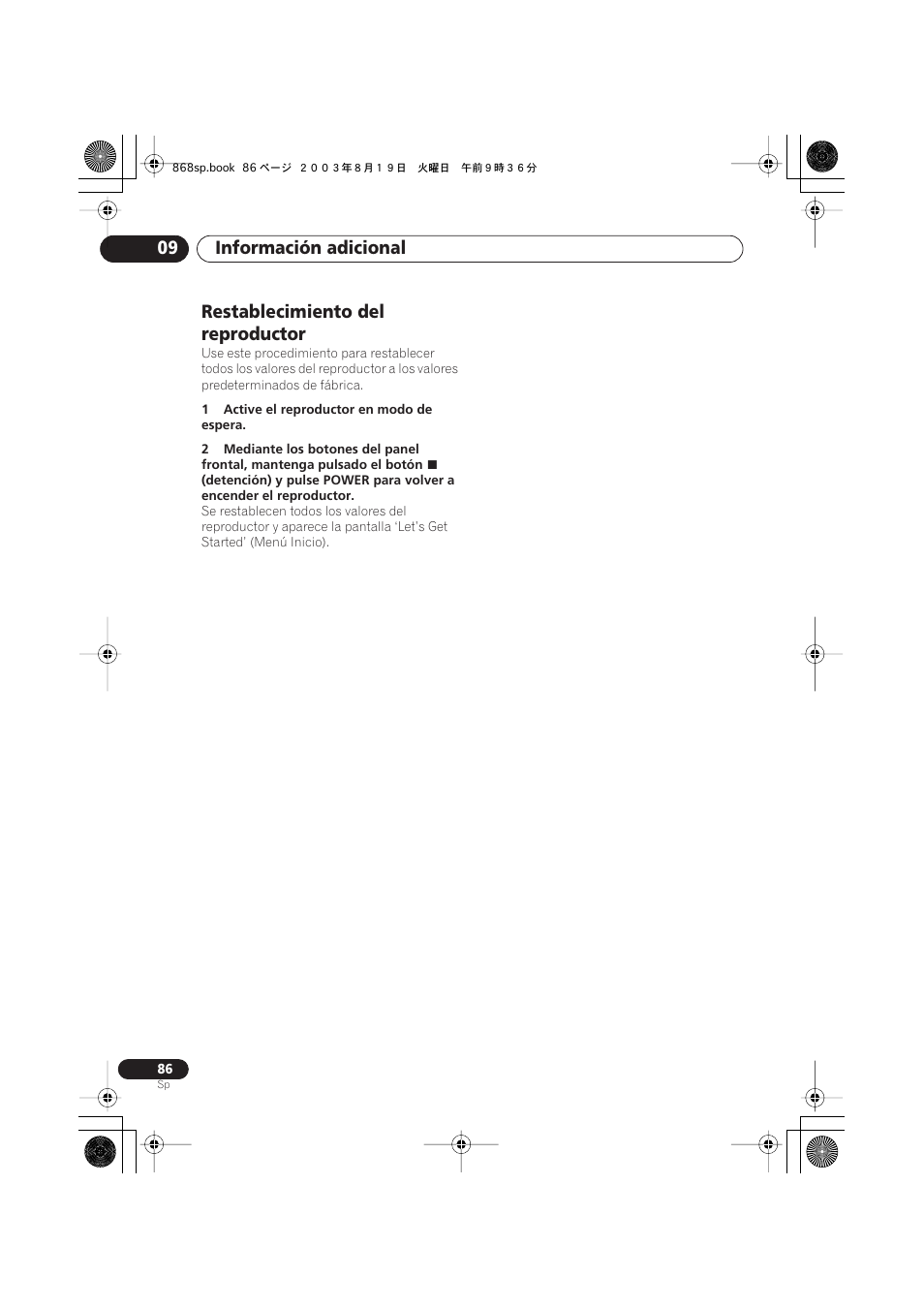 Restablecimiento del reproductor, Información adicional 09 | Pioneer DV-668AV-S User Manual | Page 182 / 200