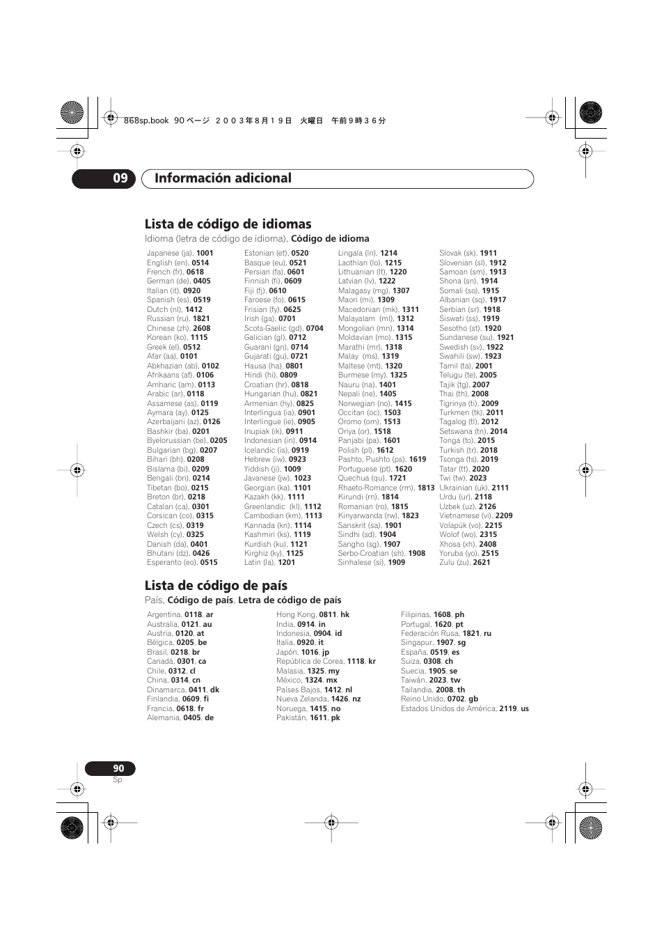 Lista de código de idiomas, Lista de código de país, Información adicional 09 | Pioneer DV-668AV-S User Manual | Page 186 / 200