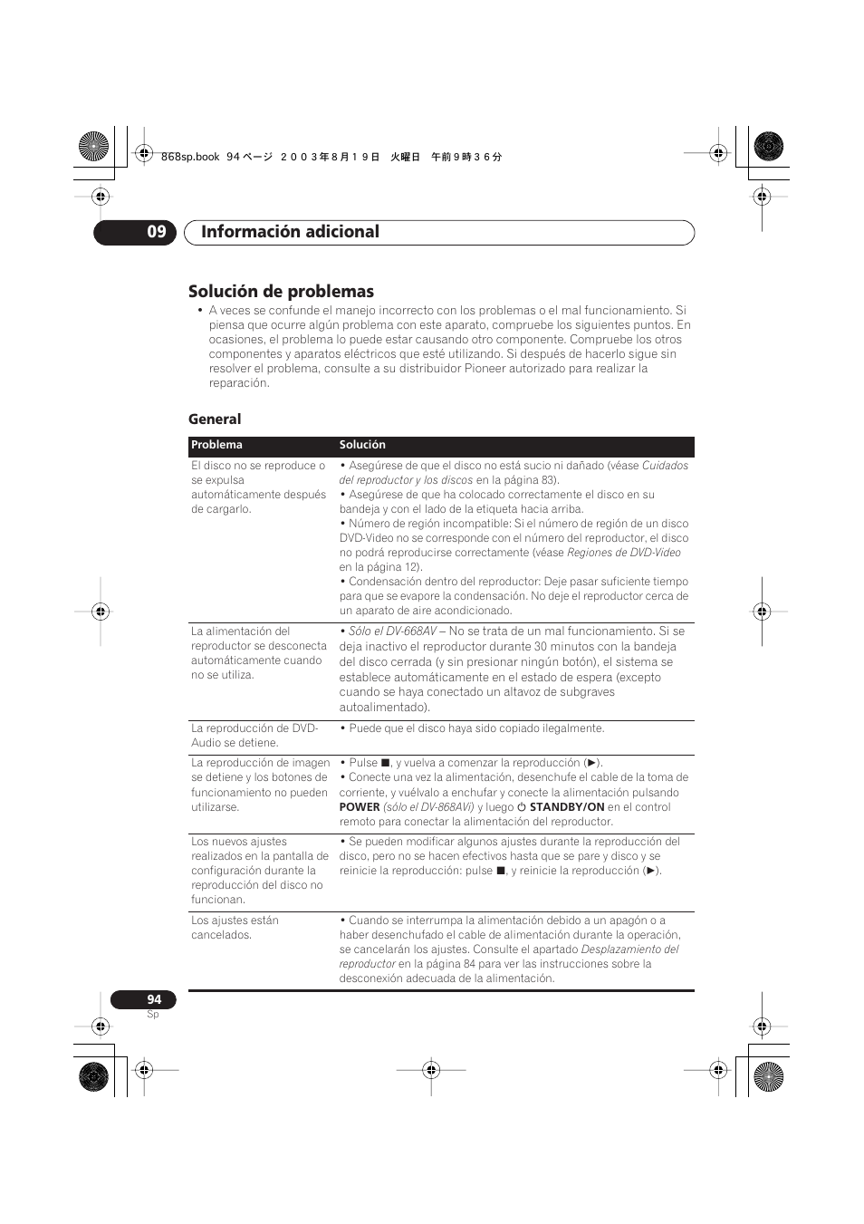 Solución de problemas, General, Información adicional 09 | Pioneer DV-668AV-S User Manual | Page 190 / 200