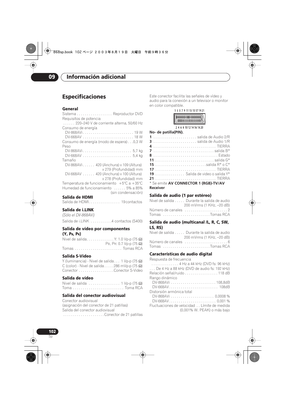 Especificaciones, Información adicional 09 | Pioneer DV-668AV-S User Manual | Page 198 / 200