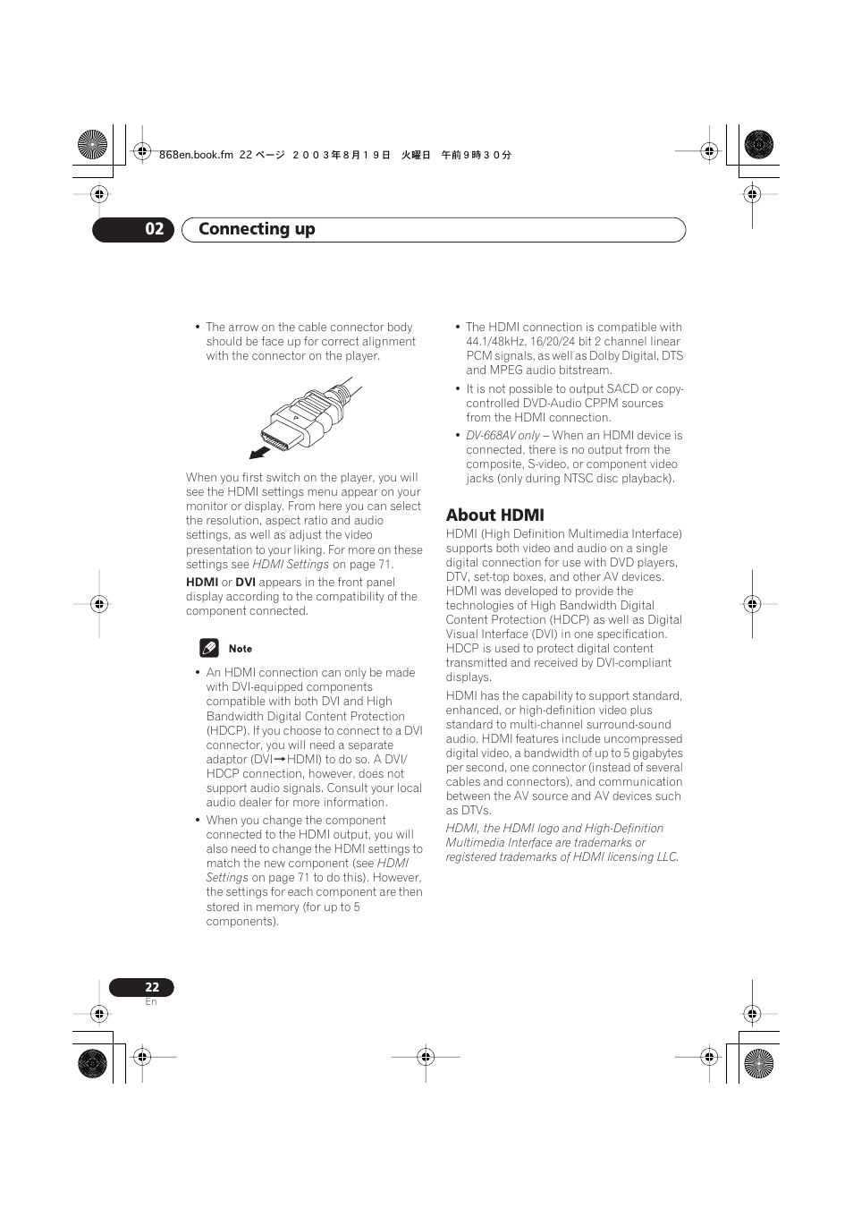 About hdmi, Connecting up 02 | Pioneer DV-668AV-S User Manual | Page 22 / 200