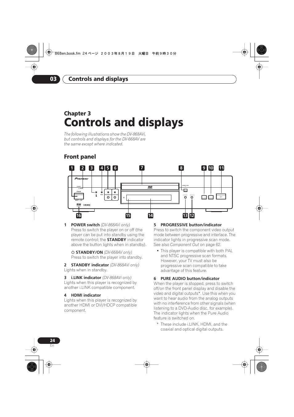 03 controls and displays, Front panel, Controls and displays | Controls and displays 03, Chapter 3 | Pioneer DV-668AV-S User Manual | Page 24 / 200
