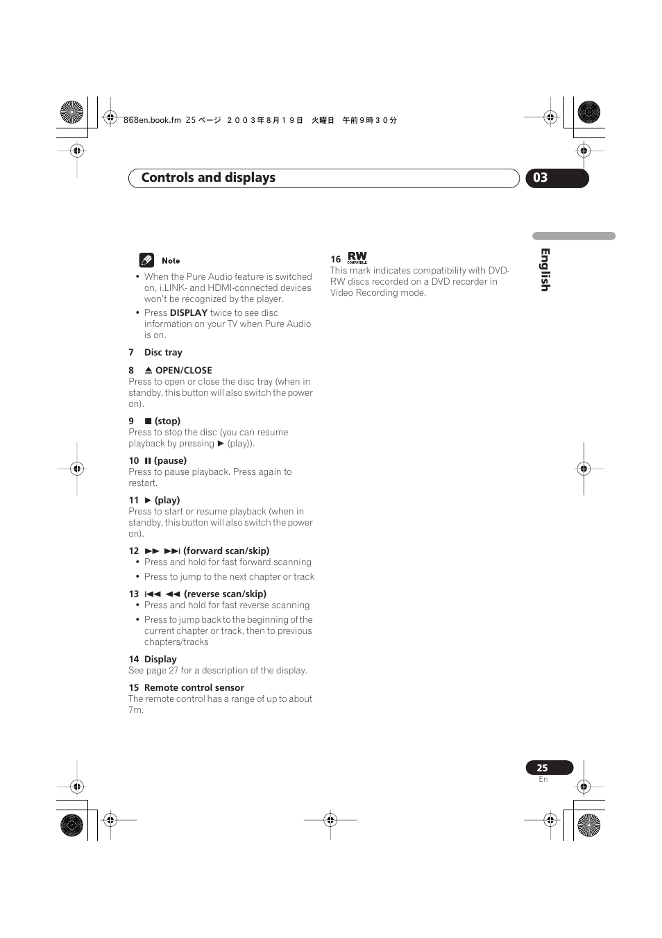 Controls and displays 03 | Pioneer DV-668AV-S User Manual | Page 25 / 200