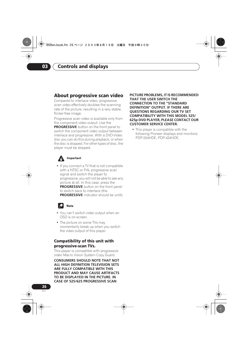 About progressive scan video, Controls and displays 03 | Pioneer DV-668AV-S User Manual | Page 26 / 200