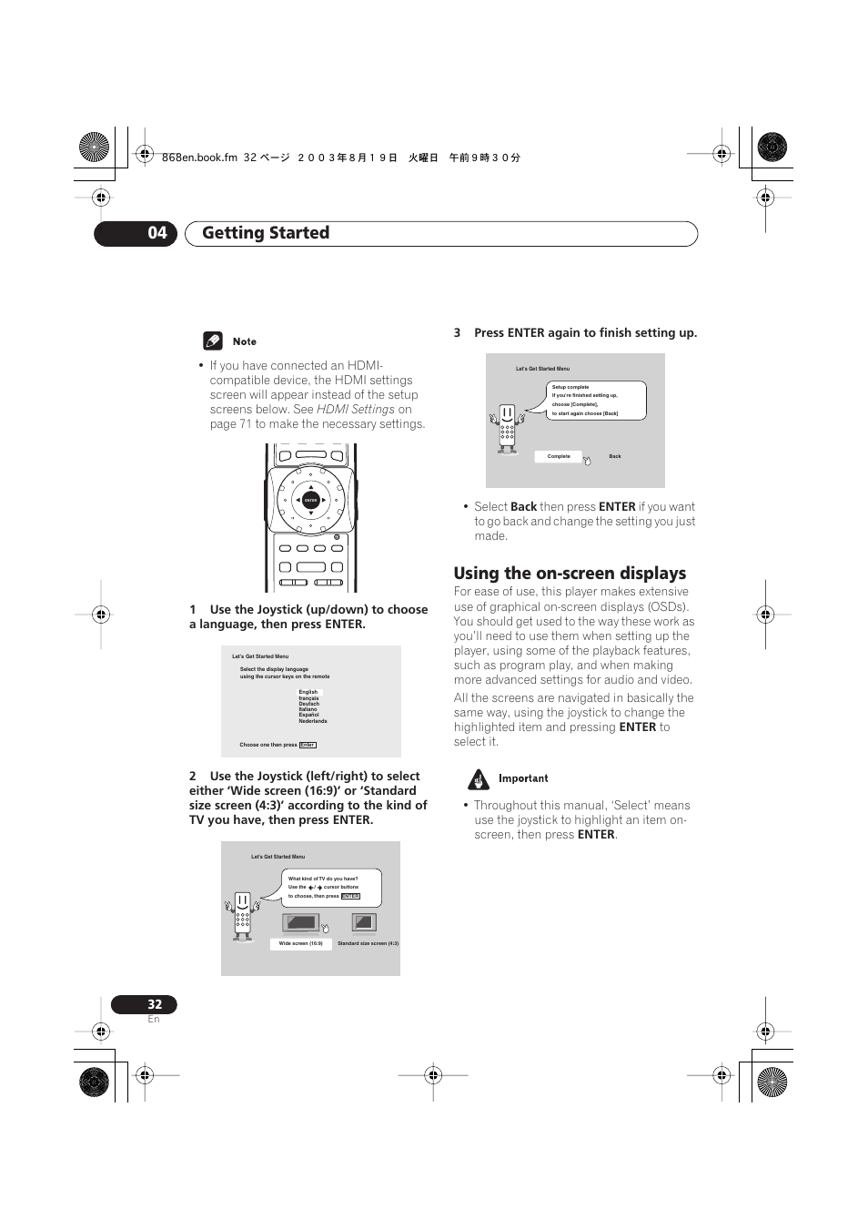 Using the on-screen displays, Getting started 04, Hdmi settings | On page 71 to make the necessary settings, Select, Back, Then press, Enter | Pioneer DV-668AV-S User Manual | Page 32 / 200