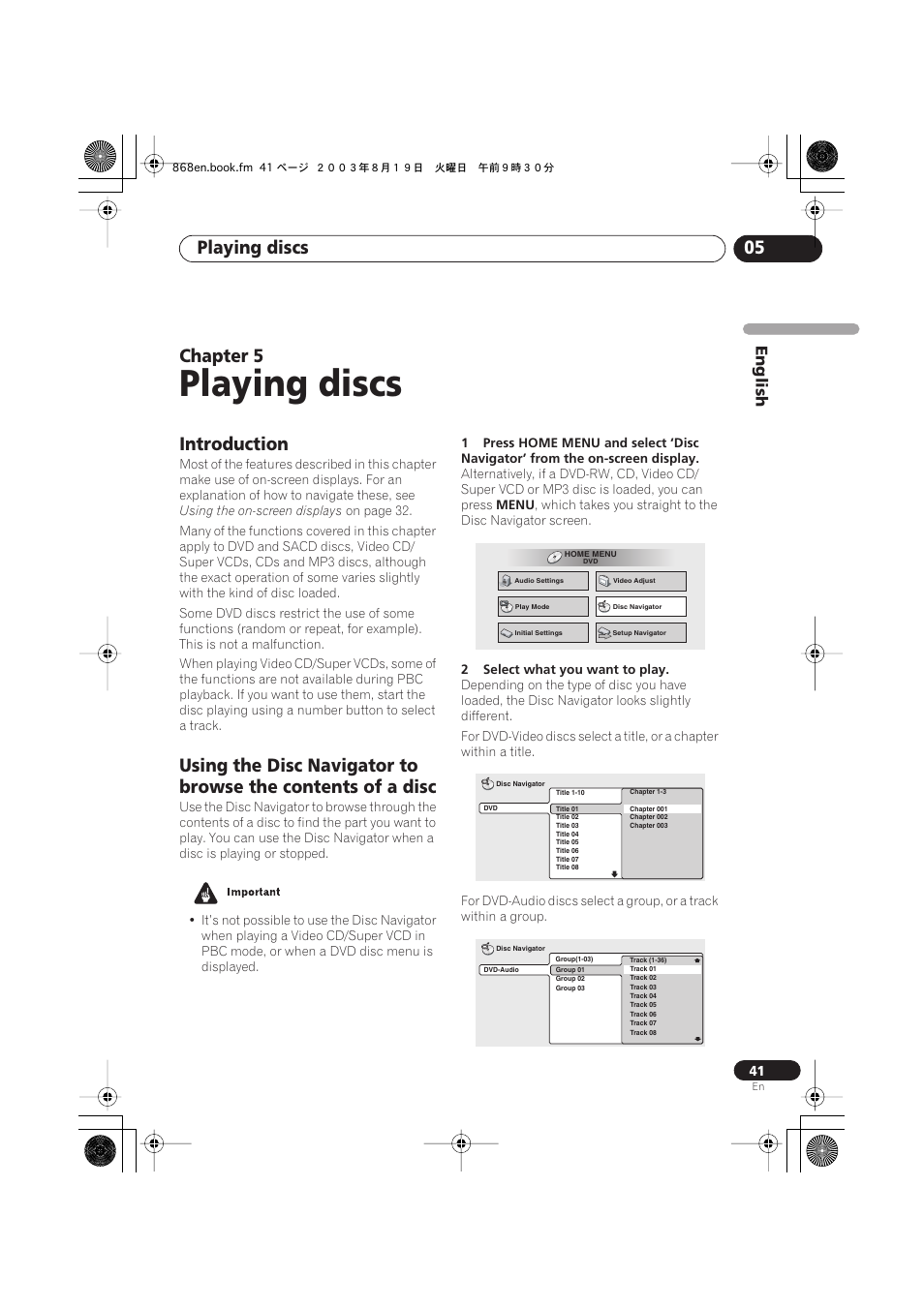05 playing discs, Introduction, Playing discs | Playing discs 05, Chapter 5 | Pioneer DV-668AV-S User Manual | Page 41 / 200