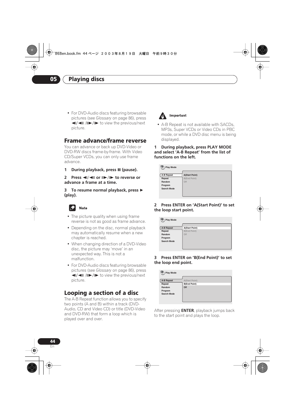Frame advance/frame reverse, Looping a section of a disc, Playing discs 05 | Pioneer DV-668AV-S User Manual | Page 44 / 200