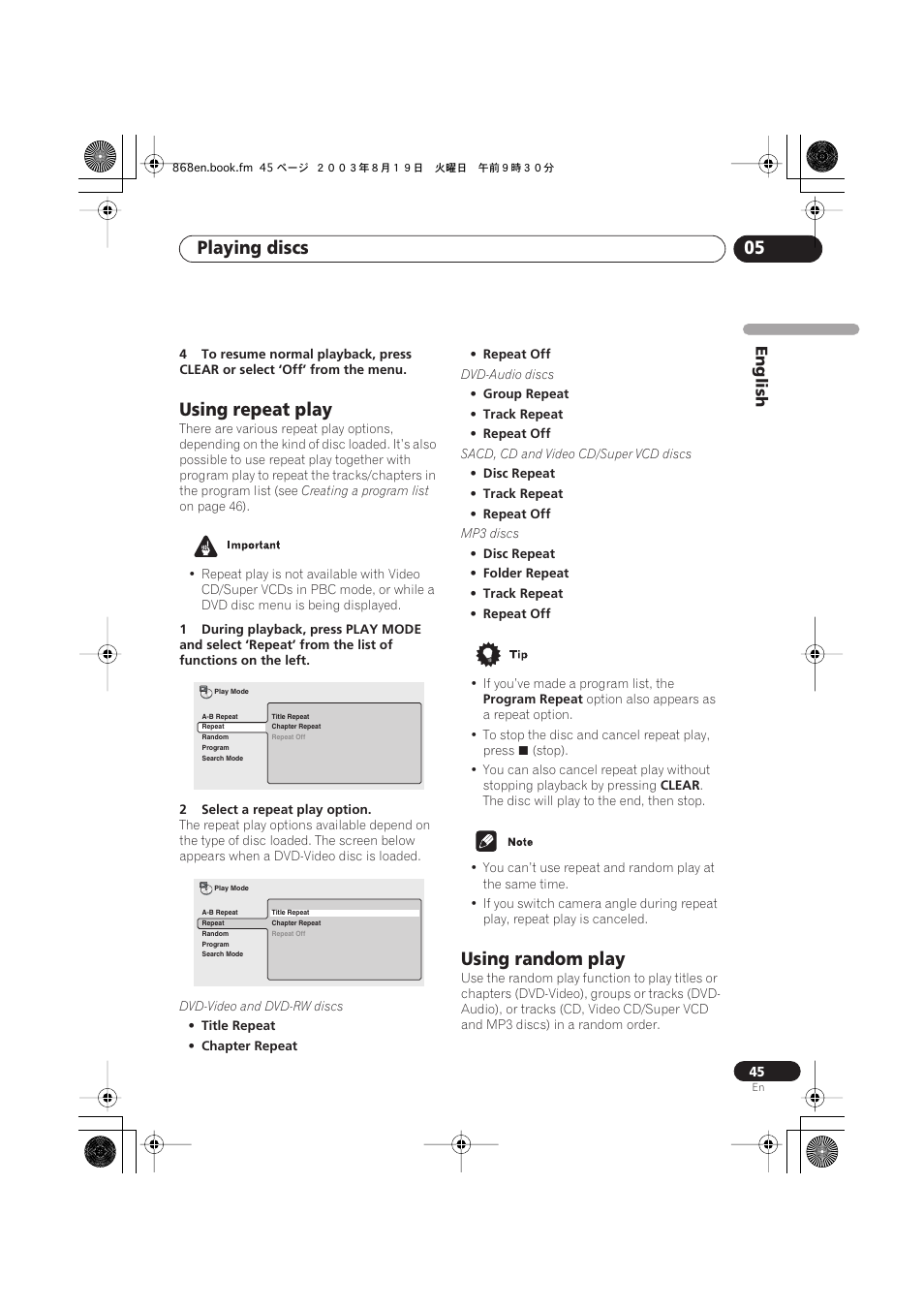 Using repeat play, Using random play, Playing discs 05 | English | Pioneer DV-668AV-S User Manual | Page 45 / 200
