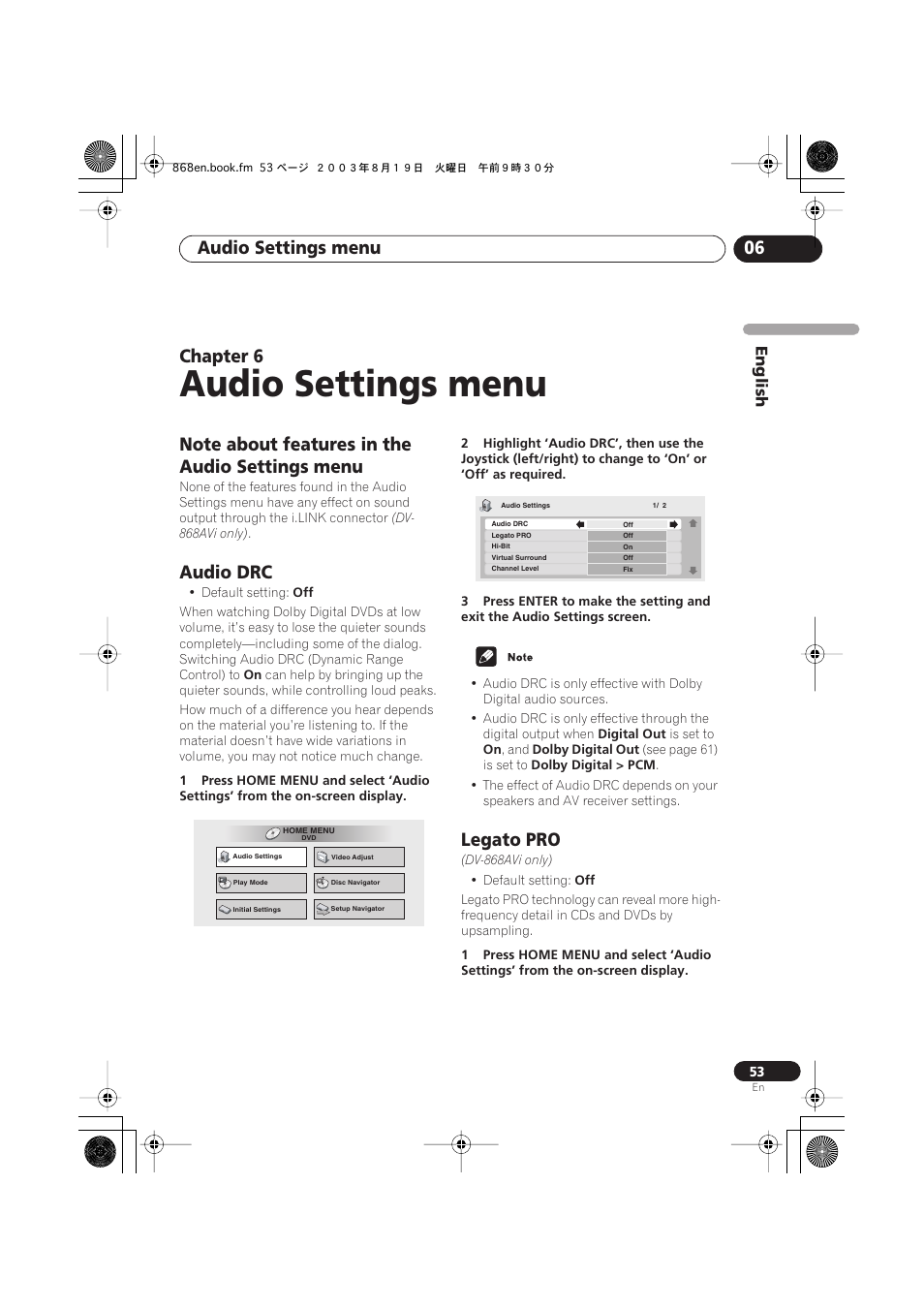 06 audio settings menu, Note about features in the audio settings menu, Audio drc | Legato pro, Audio settings menu, Audio settings menu 06, Chapter 6 | Pioneer DV-668AV-S User Manual | Page 53 / 200