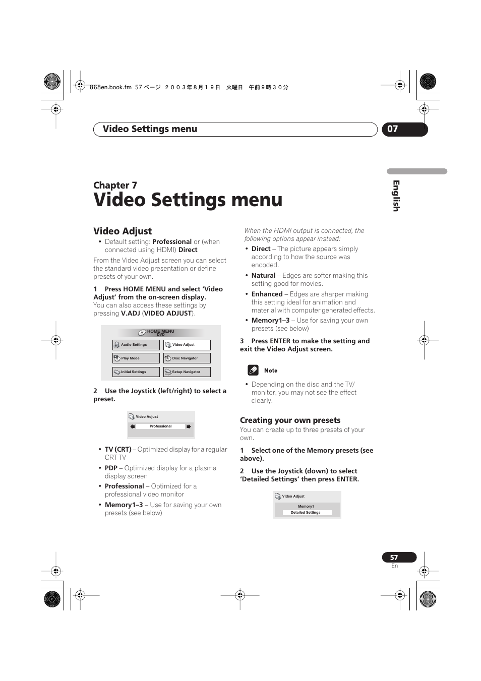 07 video settings menu, Video adjust, Creating your own presets | Video settings menu, Video settings menu 07, Chapter 7 | Pioneer DV-668AV-S User Manual | Page 57 / 200