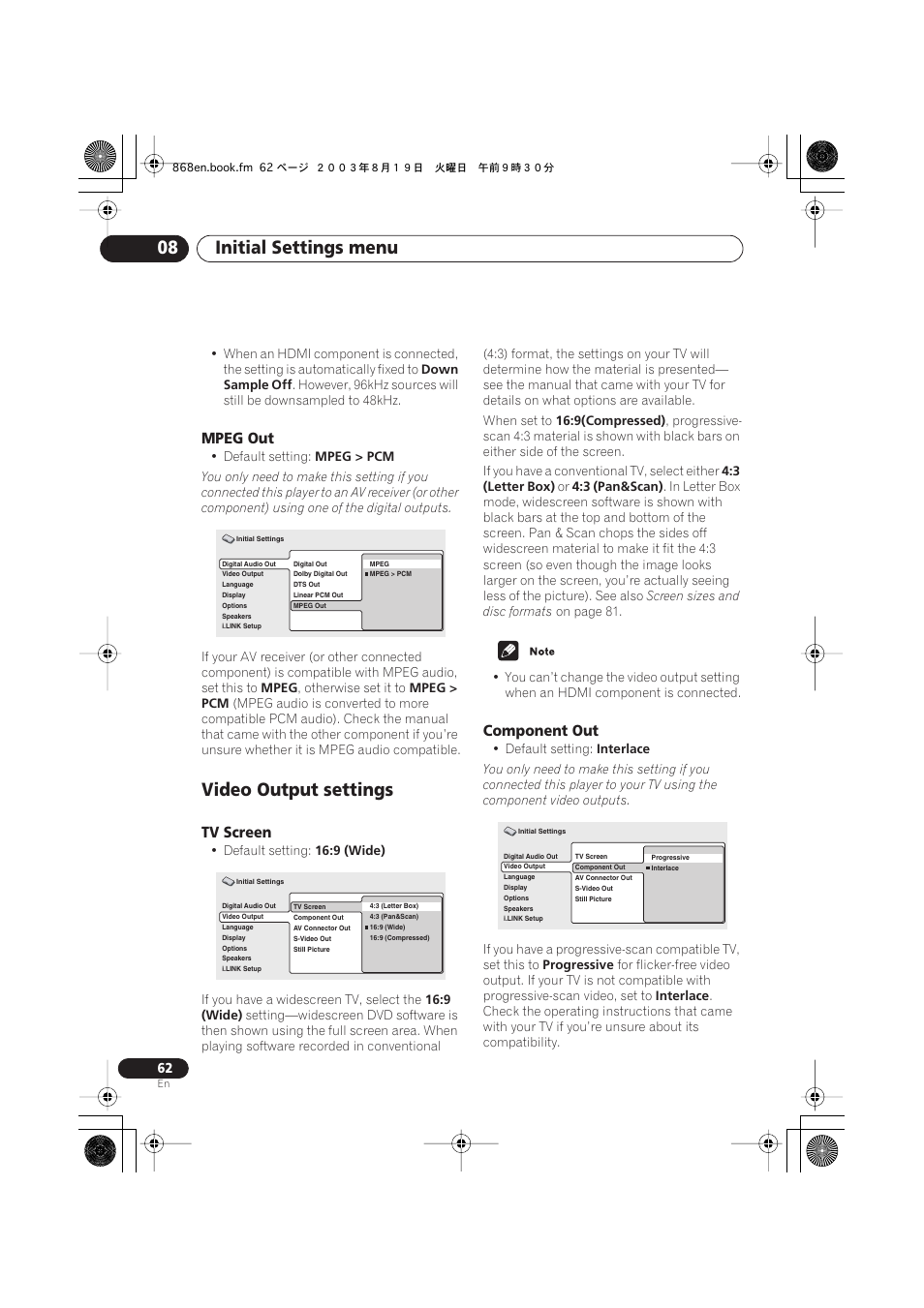 Mpeg out, Video output settings, Tv screen | Component out, Initial settings menu 08 | Pioneer DV-668AV-S User Manual | Page 62 / 200