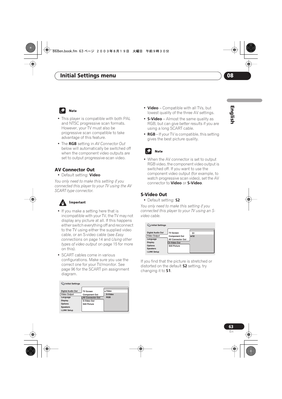 Av connector out, S-video out, Initial settings menu 08 | English | Pioneer DV-668AV-S User Manual | Page 63 / 200