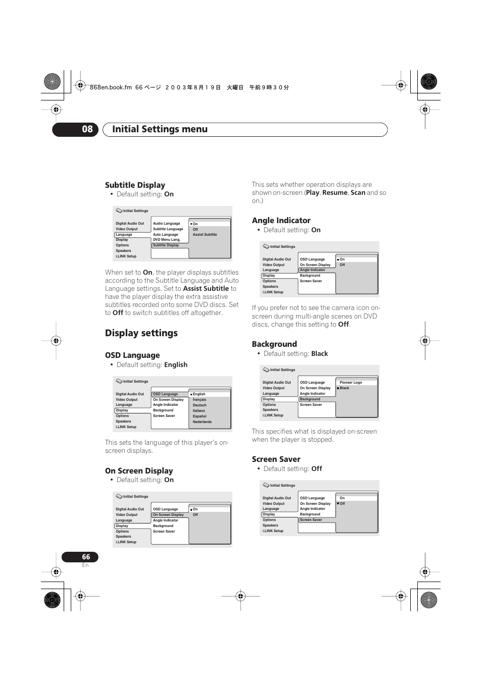 Subtitle display, Display settings, Osd language | On screen display, Angle indicator, Background, Screen saver, Initial settings menu 08 | Pioneer DV-668AV-S User Manual | Page 66 / 200