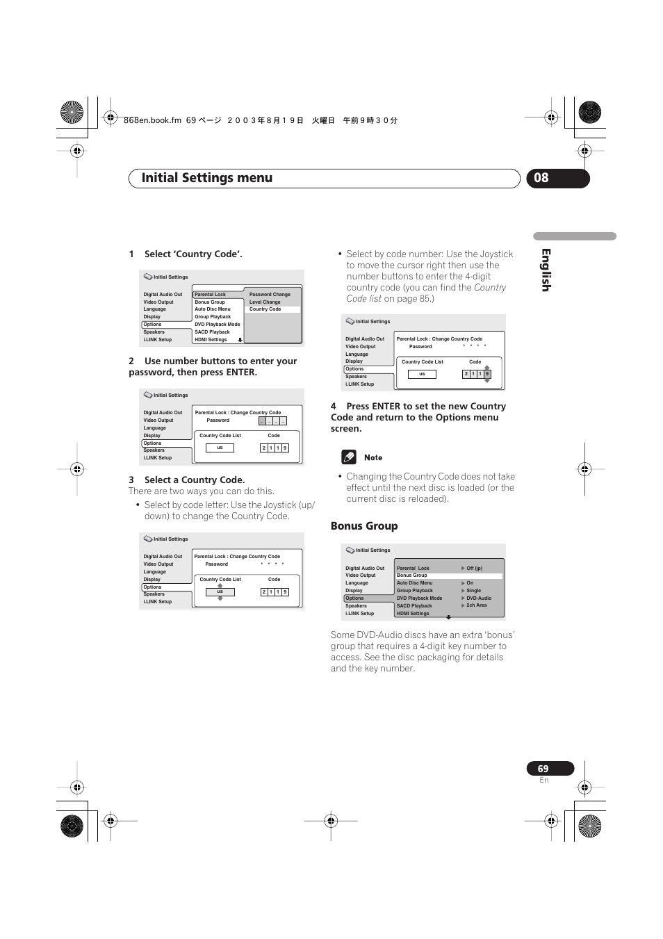 Bonus group, Initial settings menu 08, English | Country code list, On page 85.) | Pioneer DV-668AV-S User Manual | Page 69 / 200