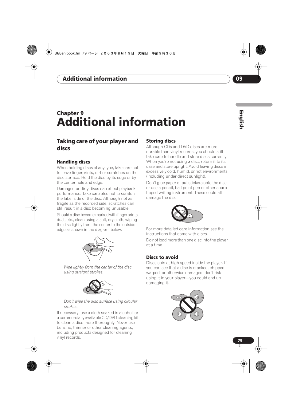 09 additional information, Taking care of your player and discs, Handling discs | Storing discs, Discs to avoid, Additional information, Additional information 09, Chapter 9 | Pioneer DV-668AV-S User Manual | Page 79 / 200