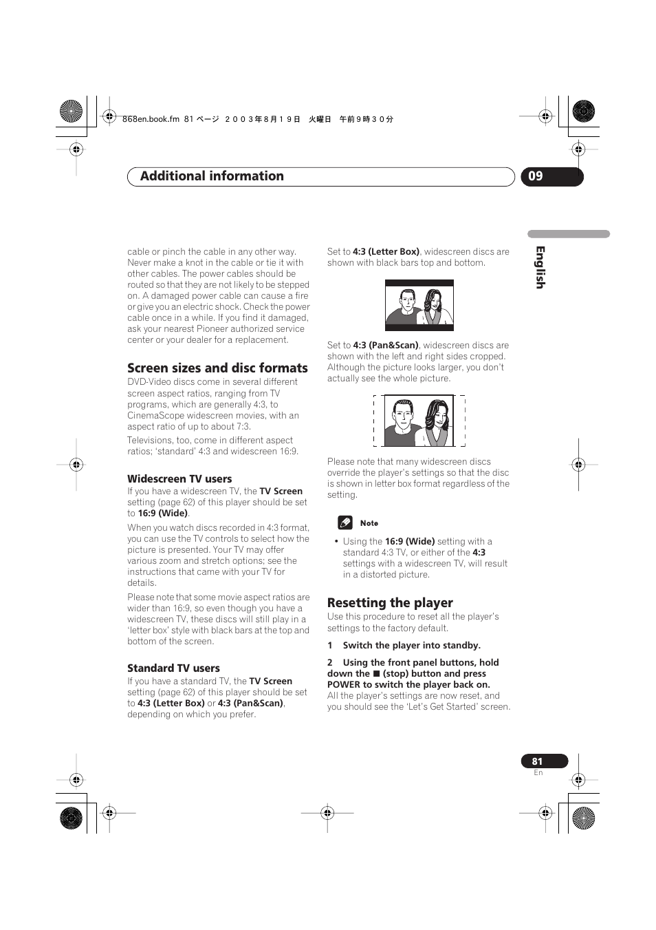 Screen sizes and disc formats, Widescreen tv users, Standard tv users | Resetting the player, Additional information 09 | Pioneer DV-668AV-S User Manual | Page 81 / 200