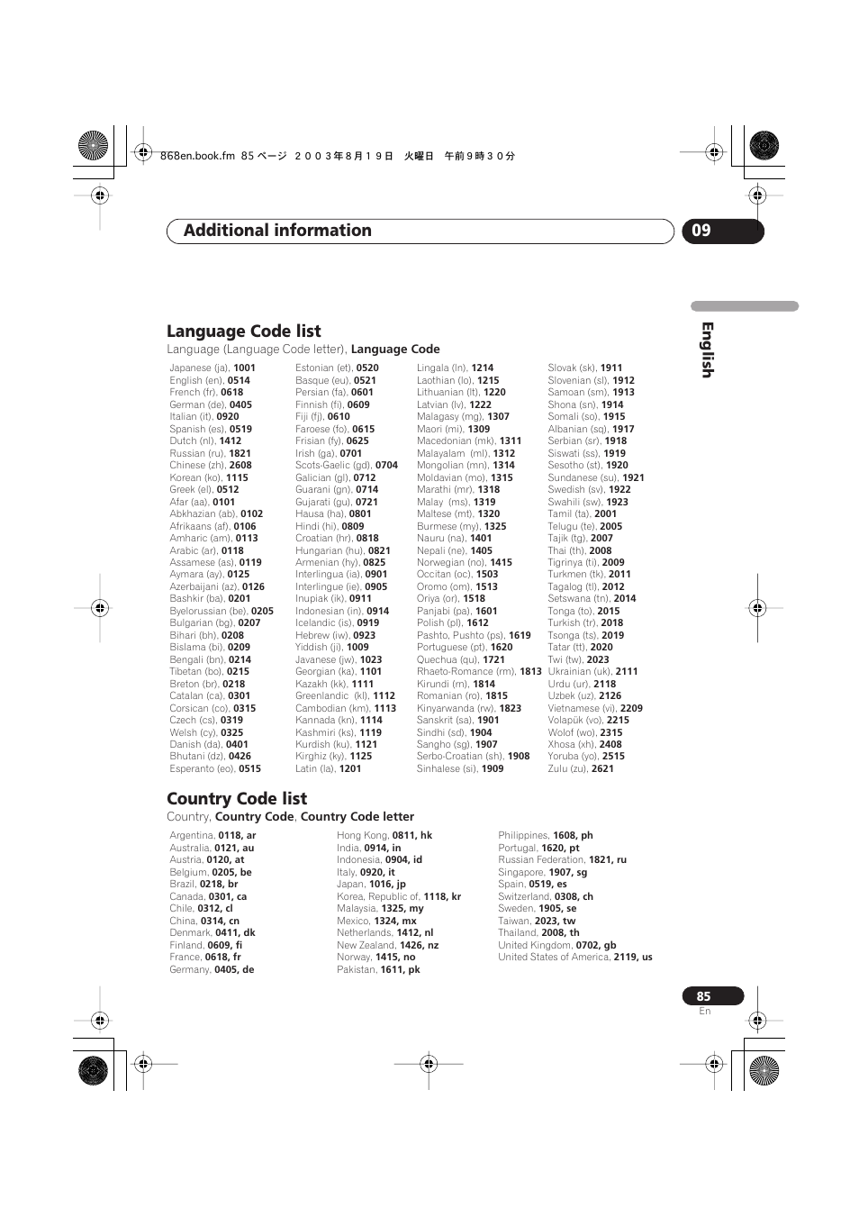 Language code list, Country code list, Additional information 09 | English | Pioneer DV-668AV-S User Manual | Page 85 / 200