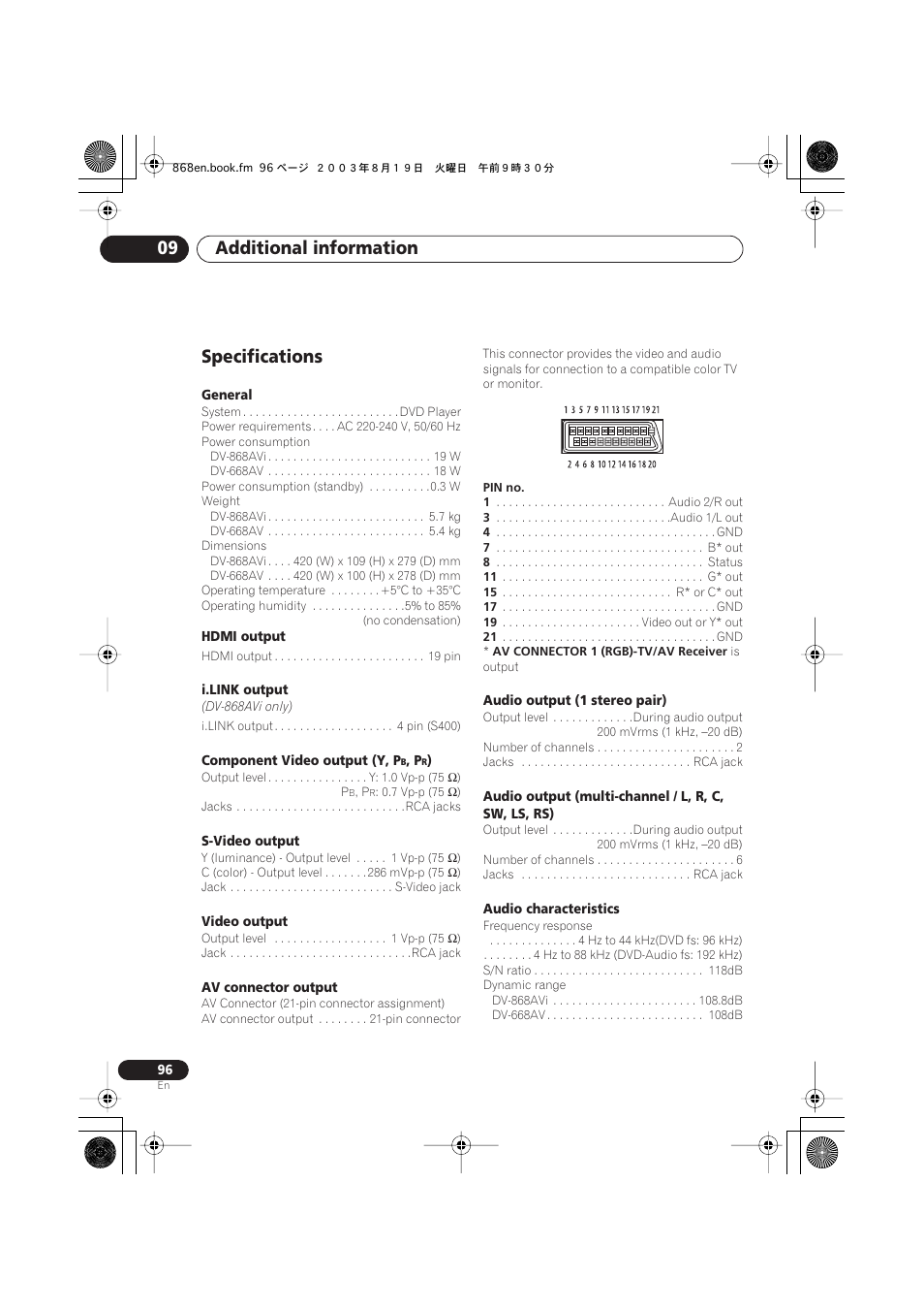 Specifications, Additional information 09 | Pioneer DV-668AV-S User Manual | Page 96 / 200