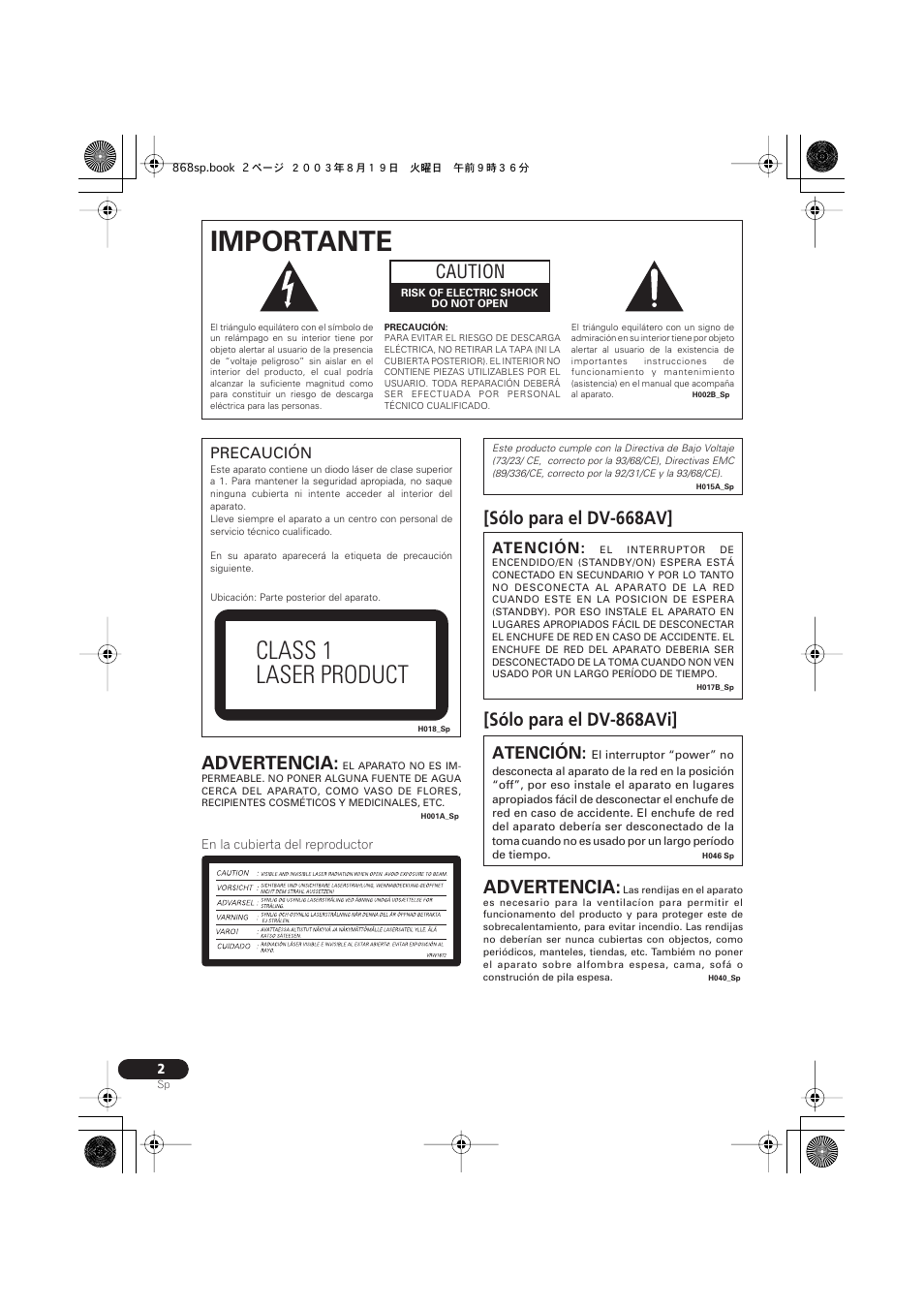Importante, Class 1 laser product, Caution | Advertencia, Precaución, Atención | Pioneer DV-668AV-S User Manual | Page 98 / 200