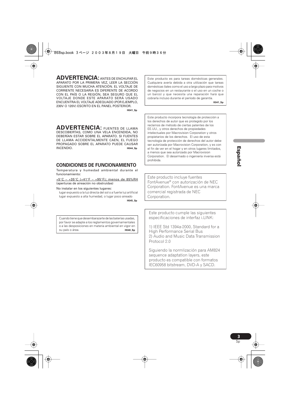 Advertencia, Español, Condiciones de funcionamiento | Pioneer DV-668AV-S User Manual | Page 99 / 200