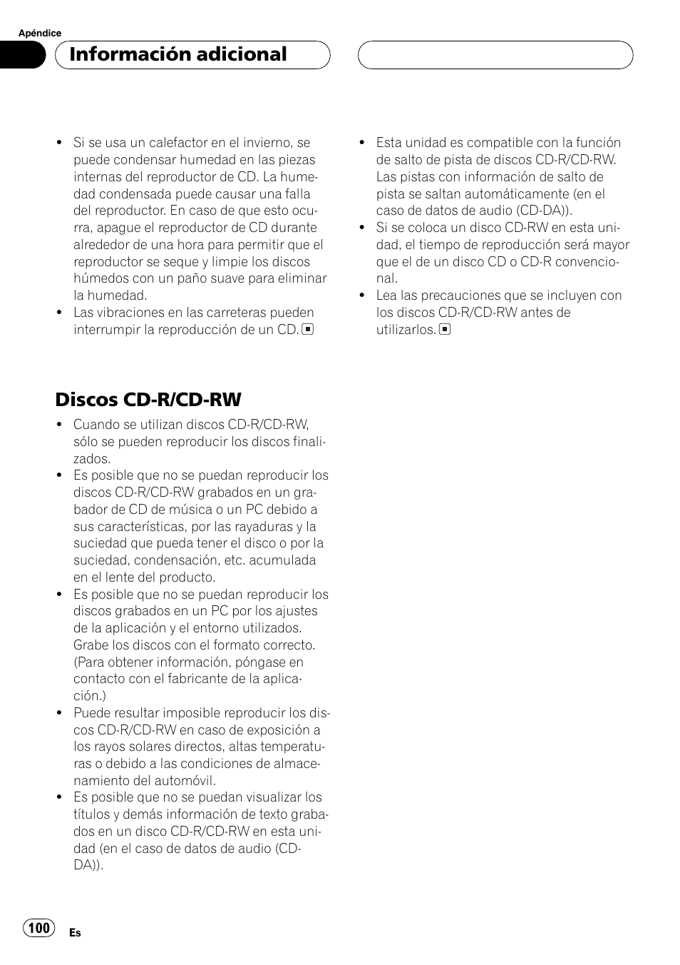 Discos cd-r/cd-rw 100, Discos cd-r/cd-rw, Información adicional | Pioneer DEH-P6600R User Manual | Page 100 / 103