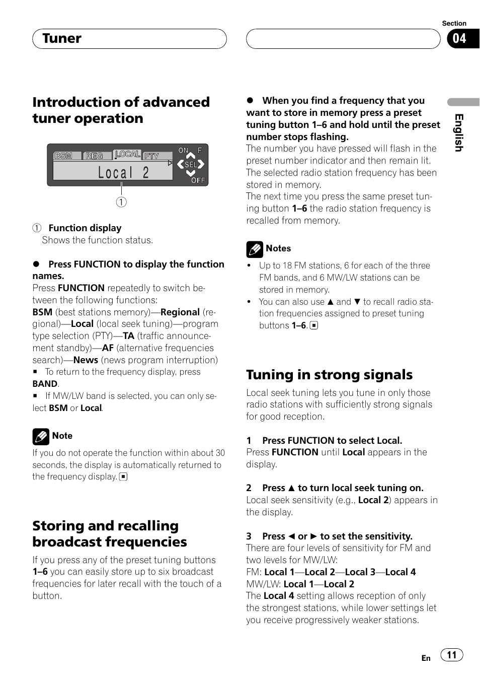 Introduction of advanced tuner, Operation 11, Storing and recalling broadcast | Frequencies 11, Tuning in strong signals 11, Introduction of advanced tuner operation, Storing and recalling broadcast frequencies, Tuning in strong signals, Tuner | Pioneer DEH-P6600R User Manual | Page 11 / 103