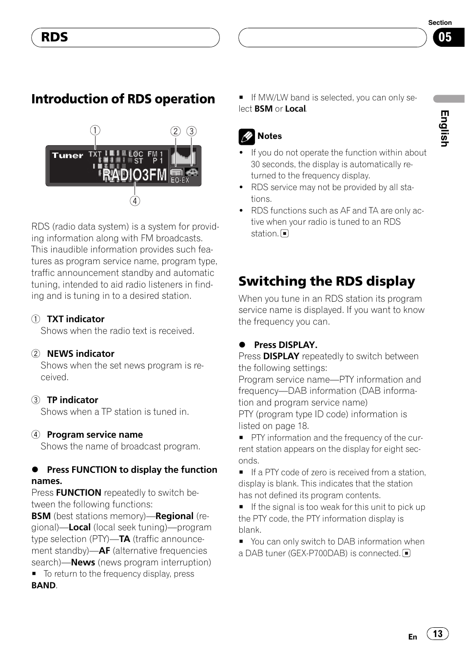 Introduction of rds operation, Switching the rds display | Pioneer DEH-P6600R User Manual | Page 13 / 103
