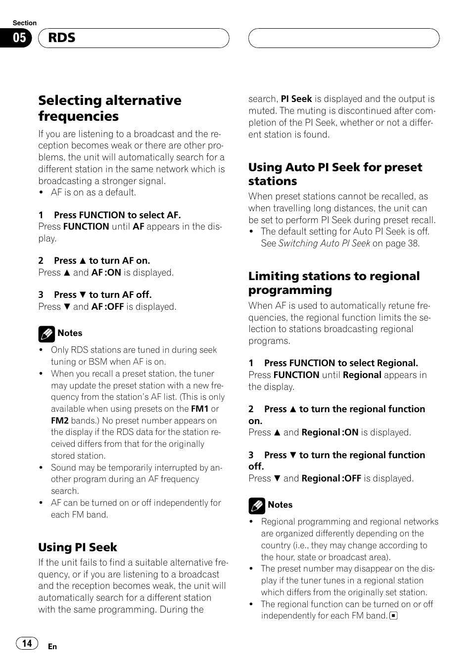 Selecting alternative frequencies 14, Using pi seek 14, Using auto pi seek for preset | Stations 14, Limiting stations to regional, Programming 14, Selecting alternative frequencies, Using pi seek, Using auto pi seek for preset stations, Limiting stations to regional programming | Pioneer DEH-P6600R User Manual | Page 14 / 103