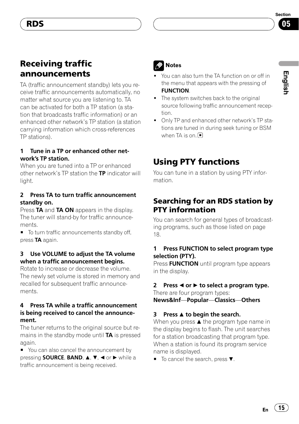 Searching for an rds station by pty, Information 15, Receiving traffic announcements | Using pty functions, Searching for an rds station by pty information | Pioneer DEH-P6600R User Manual | Page 15 / 103