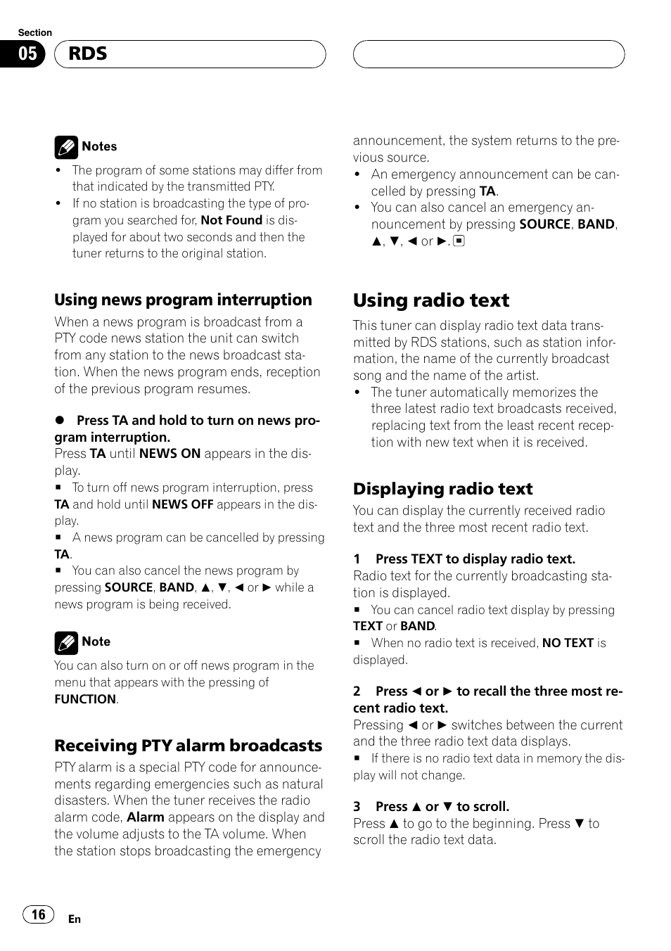 Using news program interruption 16, Receiving pty alarm broadcasts 16, Using radio text 16 | Displaying radio text 16, Using radio text, Using news program interruption, Receiving pty alarm broadcasts, Displaying radio text | Pioneer DEH-P6600R User Manual | Page 16 / 103