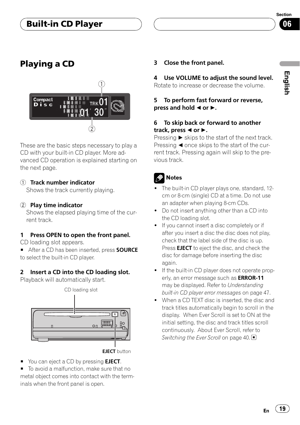 Built-in cd player playing a cd 19, Playing a cd, Built-in cd player | Pioneer DEH-P6600R User Manual | Page 19 / 103