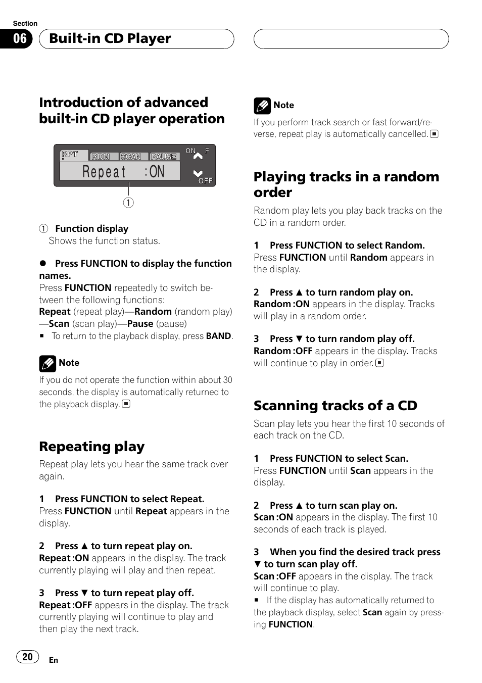 Introduction of advanced built-in cd player, Operation 20, Repeating play | Playing tracks in a random order, Scanning tracks of a cd, Built-in cd player | Pioneer DEH-P6600R User Manual | Page 20 / 103