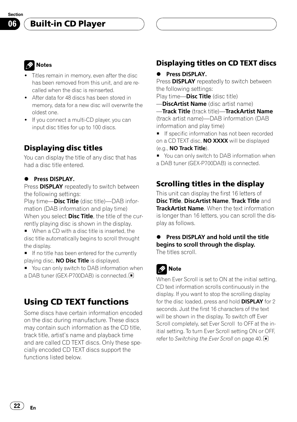 Displaying disc titles 22, Using cd text functions 22, Displaying titles on cd text | Discs 22, Scrolling titles in the display 22, Using cd text functions, Built-in cd player, Displaying disc titles, Displaying titles on cd text discs, Scrolling titles in the display | Pioneer DEH-P6600R User Manual | Page 22 / 103